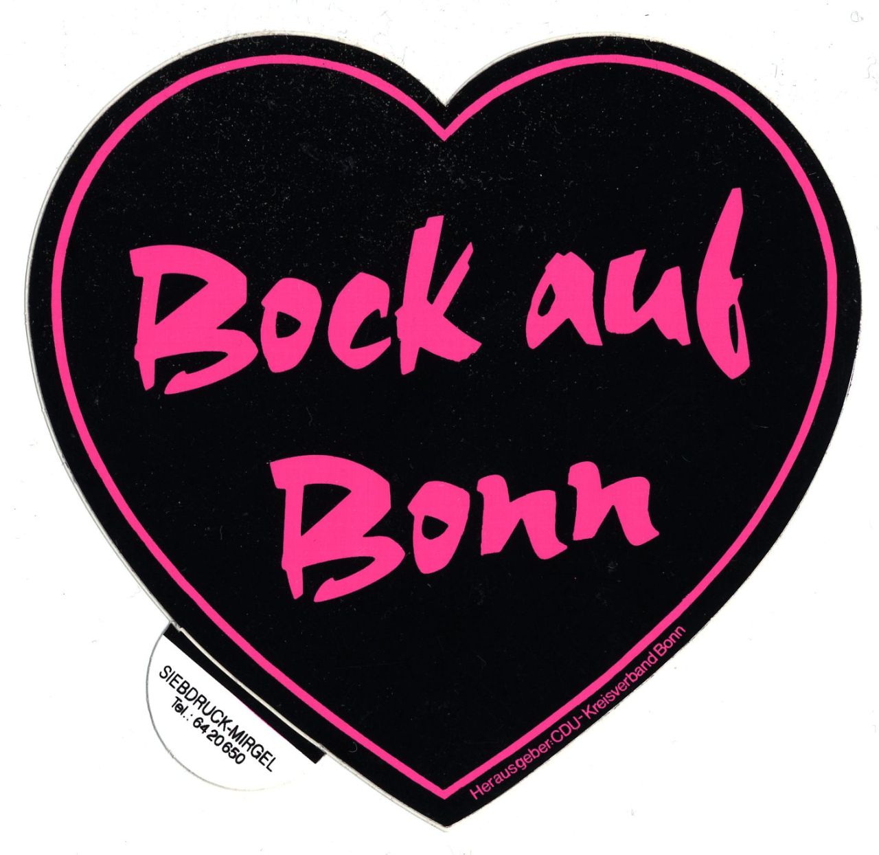 Herzförmiger Aufkleber mit pinker Schrift (Bock auf Bonn) und pinker Umrandung auf schwarzem Untergrund.